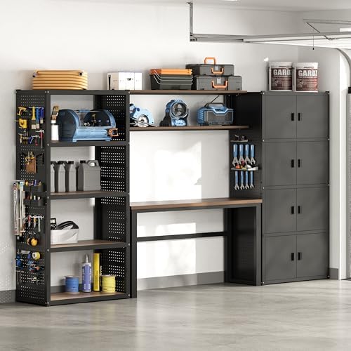 FLEXIMOUNTS 117" L Modular Garage Storage Cabinet with Workbench, Black by FLEXIMOUNTS