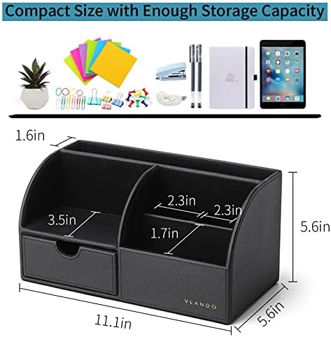 VLANDO Desk Organizer with Drawer, Leather Office Storage Caddy, Black - Image 3