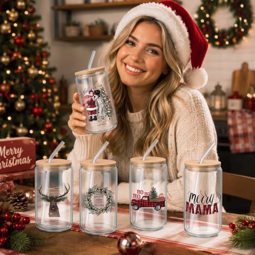 12 Sets Christmas Glass Cups Gifts 16 oz Red Black Buffalo Plaid Glass Cups with Lids and Straws Santa Gnomes Tumbler Christmas Gift for Women Man Friends Coworkers Xmas Party Favors - Image 6