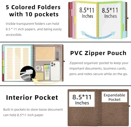 Ospelelf Brown Foldable Spiral Clipboard Folio with Storage Zipper Pouch, 5 Plastic Folders with 10 Pockets, Refillable Lined Notepad (11" x 8.5"), Linen Hardcover Project Organizer - Image 2