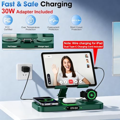 6 in 1 Wireless Charger for Apple Multiple Devices, Charging Station with Clock &7 Color Ambient Light, Foldable Rotate Stand for iPad, for iPhone17/16/15, Support for Apple Watch11/10 For AirPods4 - Image 3