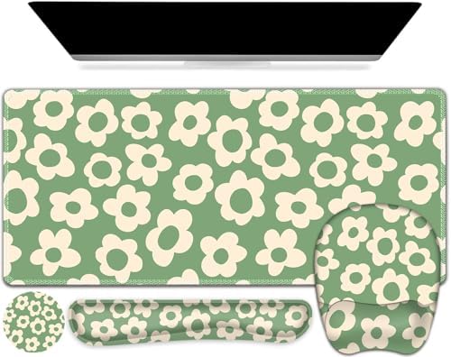 Large Mouse Pad with Wrist Support 4in1 Set, XXL Game Mousepad +Keyboard Wrist Rest+Mouse Wrist Rest+Coaster Ergonomic Design Gaming Mat for Home Office Table Computer I Vintage Groovy Flowers by NXZGO