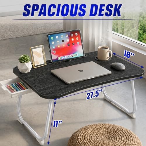 Multi-Feature Lap Desk with Cup Holder Tablet Slot and Storage Drawer - Portable Foldable Laptop Table for Bed Sofa and Floor - Metal Folding Legs 4 Colors - Image 4