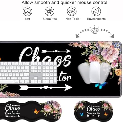 Ergonomic Keyboard Wrist Rest & Mouse Pad Wrist Rest Set, 31.5"x 11.8" Large XXL Gaming Desk Pad Memory Foam Non-Slip Desk Mat for Office & Home, Vintage Watercolor Floral Quote Chaos Coordinator - Image 4