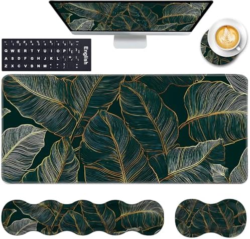 Keyboard Wrist Rest and Mouse Pad with Wrist Support Set Ergonomic Coaster,Memory Foam,Easy Typing Pain Relief,Large XL Desk Mat 31.5"x 11.8",Tropical Leaves by CICPLKSE