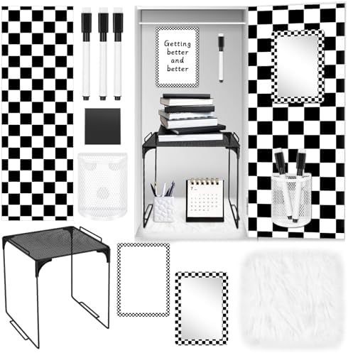 Demonwer 10 Pcs Locker Accessories Kit Black White Checkered Locker Organizer Magnetic Whiteboard Mirror Pen Holder Pen for Storage Organizing Shelf Back to School Party Supply by Demonwer