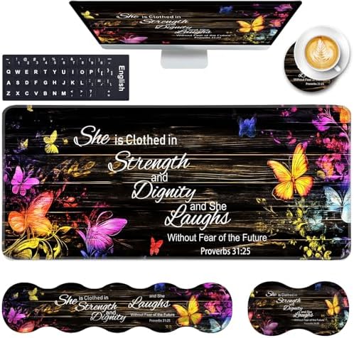 Keyboard Wrist Rest and Mouse Pad with Wrist Support Set Ergonomic Coaster,Memory Foam,Easy Typing Pain Relief,Large XL Desk Mat 31.5"x 11.8",Floral Butterfly Bible Verse Proverbs 31-25 by CICPLKSE