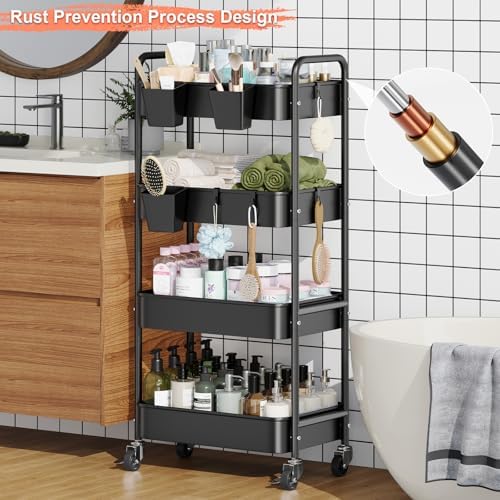 4 Tier Rolling Cart Metal with Wheels, Black Storage Carts,38in Tall - Image 5