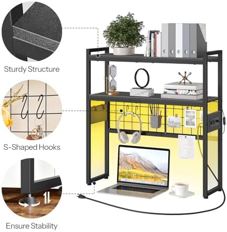 HOOBRO Desktop Bookcase, 2-Tier Office Desktop Organizer, 29.9" Wooden Storage Rack with Outlets, Display Shelf Rack with Light Strip, Desk Hutch for Office, Black BB11UDSJ01 - Image 5