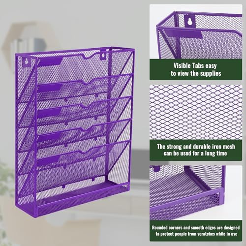 EASEPRES 6 Tier Mesh Hanging Wall File Organizer, Desk Vertical Mail Paper Document Folder Holder Rack with Bottom Tray and Nametag Label for Office Home School, Purple - Image 4