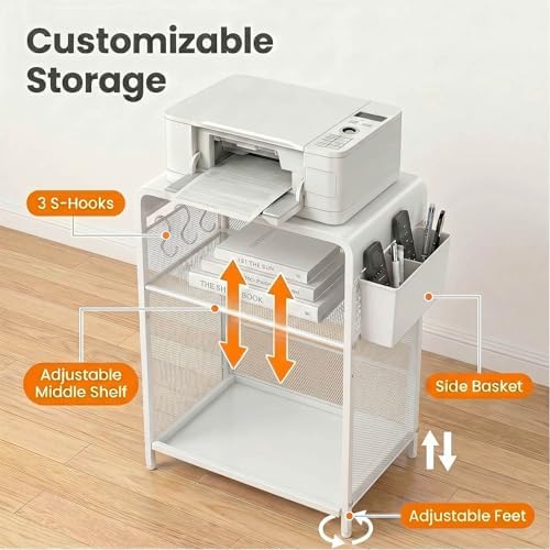 ECOLOVI Small 3 Tier Printer Stand for Under Desk, Height Adjustable Shelf Printer Table with 3 S-Hooks & Basket, Heavy Duty Industrial Storage Shelf for Home Office (White) - Image 6