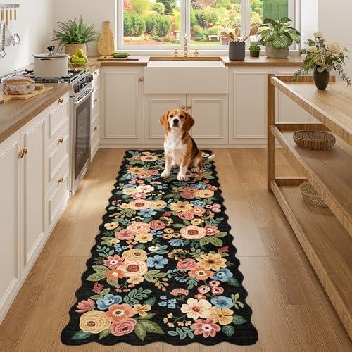 DUKINO 2x6 Runner Rug, Floral Washable Rug for Kitchen Non Slip, Navy Blue - Image 5