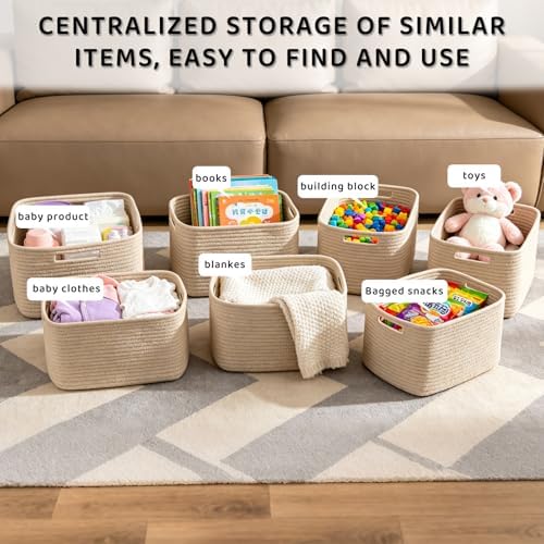 4 Pack Storage Baskets for Organizing, 11''Lx9''Wx8''H Woven Baskets for Storage Toys, Towels, Books, and Clothes, Cotton Rope Basket for Shelves with Handle Brown - Image 6