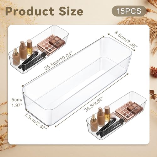 15 Pcs Plastic Clear Drawer Organizer, 10×3.3×2inch Desk Drawers Divider Storage Bins, Stackable Rectangle Drawer Trays, for Office Desk Bathroom Makeup Jewelry Kitchen Utensils - Image 2