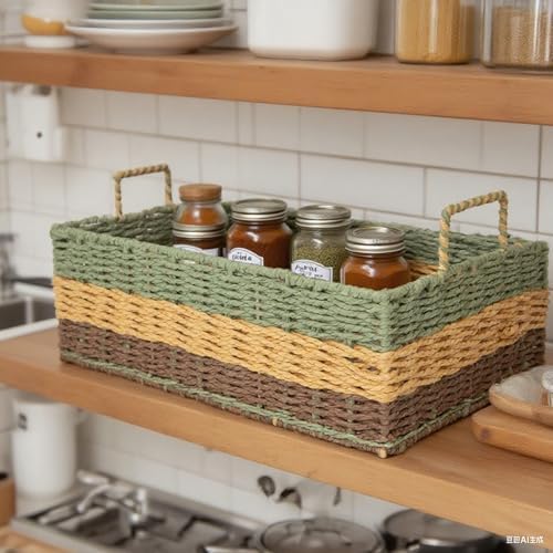 Colorful Woven Rectangle Storage Basket for Shelves&Organization - Image 2