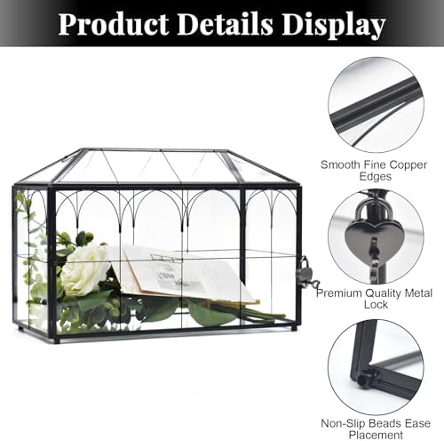 LargeBlack and Glass Card Box for wedding with Lock and Slot - Wedding Envelope Card Holder for Reception Clear Lock Box with Key Geometric Handmade Vintage Card Box for Wedding Party (Large-Black) - Image 5