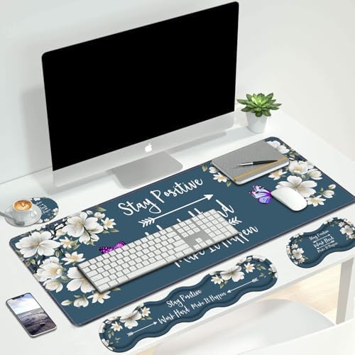 4 in 1 Ergonomic Keyboard Wrist Rest & Mouse Pad Wrist Rest Set,Stay Positive Work Hard and Make It Happen Inspirational Quote Large XXL Gaming Desk Mat with Non-Slip Base for Home Office Study Gaming - Image 7