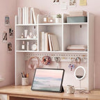 Dorm Desk Hutch with Pegboard, White Desktop Bookshelf - Image 3
