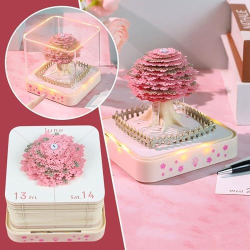 3D Calendar 2027, Desk Time Piece Calendar 2027,Tear-Away 3D Paper Art Notepad w LED Lights,Creative 3D Memo Artsy Pad Calendars, DIY Paper Carving Gift (Cherry Blossom Tree) - Image 2