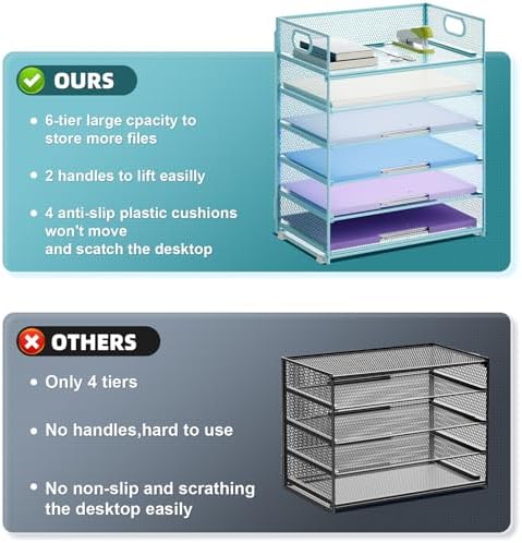 Marbrasse 6 Tier Paper Organizer Letter Tray - Mesh Desk File Organizer with Handle, Paper Sorter for Letter/A4 Office File Folder Holder -Blue - Image 2