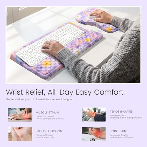 Ospelelf Keyboard Wrist Rest and Mouse Pad Set, Ergonomic Memory Foam Wrist Support, Aesthetic Desk Accessories for Office, Home & Gaming, Relief for Carpal Tunnel & Wrist Pain, Purple Floral - Image 2