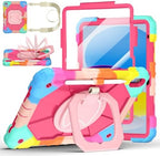 Case for iPad (A16) 11th/10th Generation 11/10.9 Inch 2025/2022, Ubearkk for iPad a16 case with Screen Protector, 360 Degree Rotating Stand Shoulder Strap Pencil Holder,Colorful Pink by Ubearkk