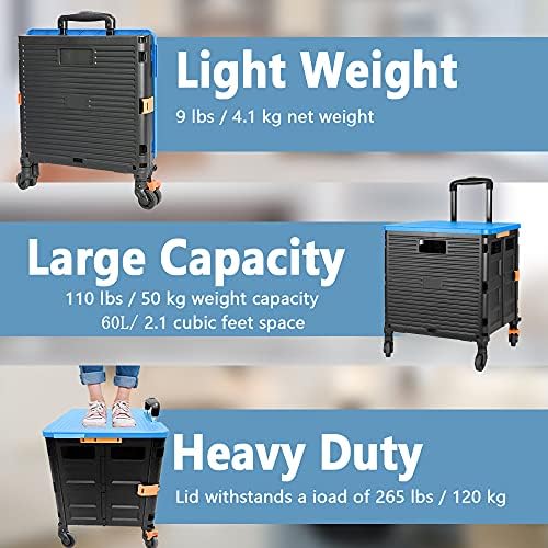 FELICON SELORSS Foldable Utility Cart Folding Portable Rolling Crate-Blue - Image 3