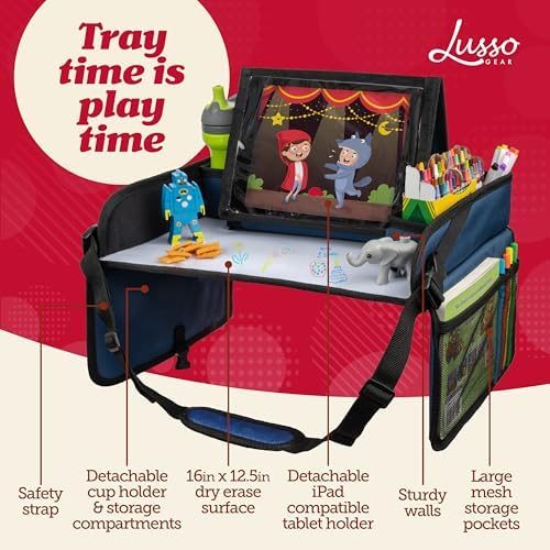 Lusso Gear Kids Travel Tray for Car - Road Trip Essentials for Kids - Car Seat Tray for Travel - Toddler Travel Lap Desk and Organizer - Holds Snacks, Water Bottle, Toys (Blue) - Image 3