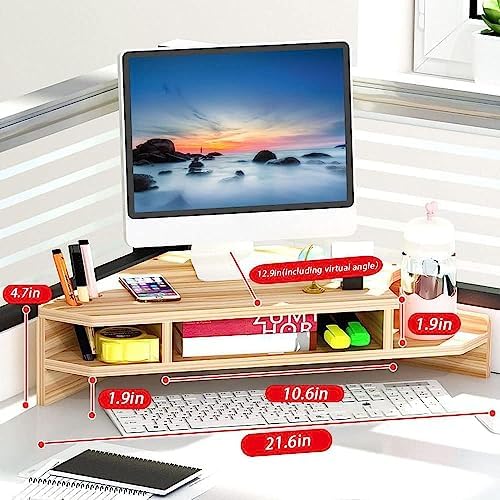 Triangle Monitor Stand Riser,Cut Triangle Save Space Desktop Corner,Desktop corner shelf with drawers wooden computer stand with storage laptop risers office organization. (No drawer) - Image 6