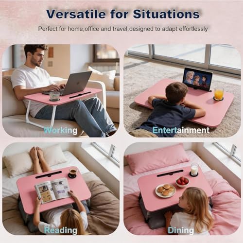 27.6" Home Office Folding Lap Desk with Drawer, Tablet Slot, Cup Holder - Fits up to 18 Inch Laptops, Bed Desk for Reading, Writing, Eating, Portable Laptop Table for Sofa, Coach, Floor (Pink) - Image 5