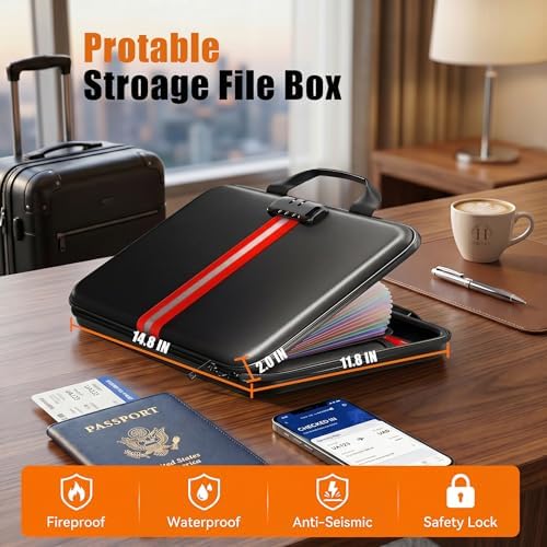Fireproof Document Organizer with Lock, Semi-Rigid EVA Shell File Box with 13-Pocket Accordion Folder, Water-Resistant Storage for Important Documents, Passports & Certificates - Image 6