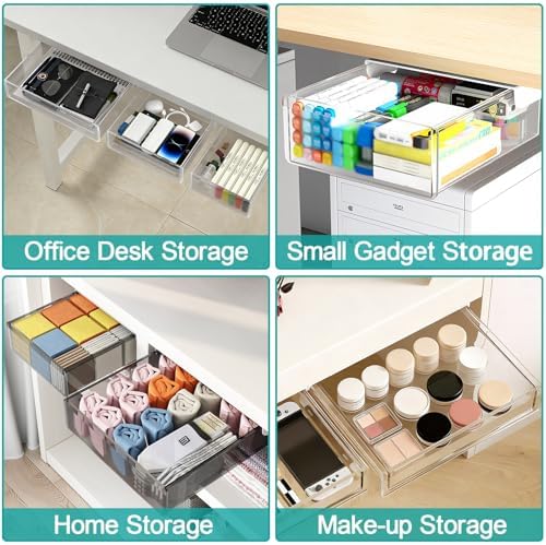 SVNNELP Under Desk Table Drawer Storage Organizer,3 Pack Small & Medium & Large Slide Out Desk Drawers - Hidden Desktop Organizer,Adhesive Storage Pencil Tray Under Table(Clear/LMS) - Image 6