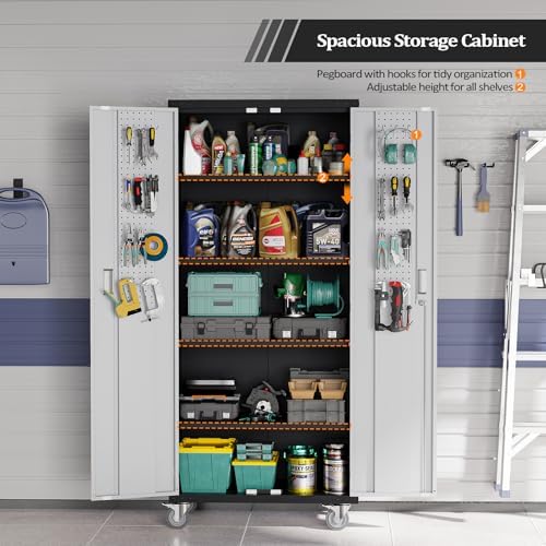 VINGLI 72'' Tall Garage Storage Cabinet, Metal Storage Cabinet with Wheels, Locking Doors and Adjustable Shelves (Black & Silver, 32''W x 16''D x 72''H) - Image 6