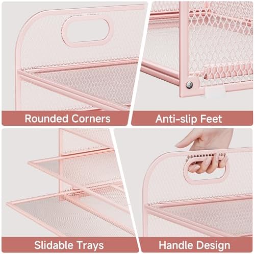 5-Tier Stackable Paper Organizer with Handle, Pink - Image 3