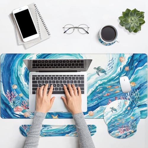 Arttown Keyboard Mouse Pad Set, 4 in 1 Desk Mat Set Ocean Dolphin - Image 7
