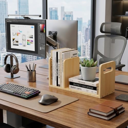 100% Solid Wood Adjustable Desktop Bookshelf With Movable Divider, Retro Tabletop Bookshelf With Convenient Handle Design for Living Room, Home, Office, Perfect for Magazine Book (Natural Wood Color) - Image 5