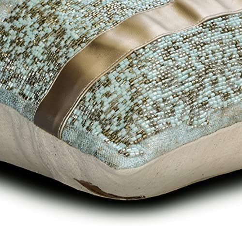 The HomeCentric Decorative Blue Pack of 2, 12"x26" (30x65 cm) Lumbar Pillow Cover, Jacquard Beaded & Foil & Faux Leather Oblong Pillow, Abstract Pattern Modern Style - Halycon Silver - Image 2