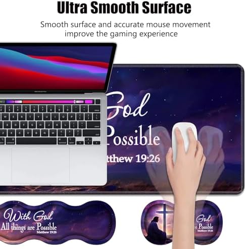 Ergonomic Memory Foam Mouse Pad Wrist Rest Set,Large Gaming Desk Pad + Keyboard Wrist Rest + Mouse Wrist Cushion + Coaster for Home Office Study Gaming,Christian Cross Quote Bible Verse Matthew 19:26 - Image 3