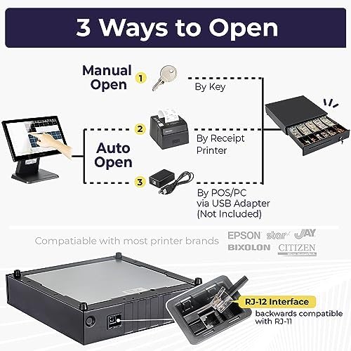 Volcora Cash Register Drawer for Point of Sale (POS) System, 5 Bill/7 Coin, 16" with Adjustable Coin Slots, 12-24V, RJ11/RJ12 Key-Lock, Media Slot, Black - Image 4