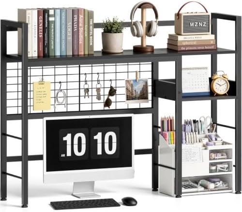 Desk Shelf, 38.6" Desk Hutch with Pegboard Hooks Set, Black by MZNZ