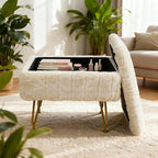 Small Foot Stool with Storage & Gold Metal Legs, Small Ottoman Foot Rest Under Desk for Couch, Chair, White Furry with High-Density Resilient Sponge - Image 4