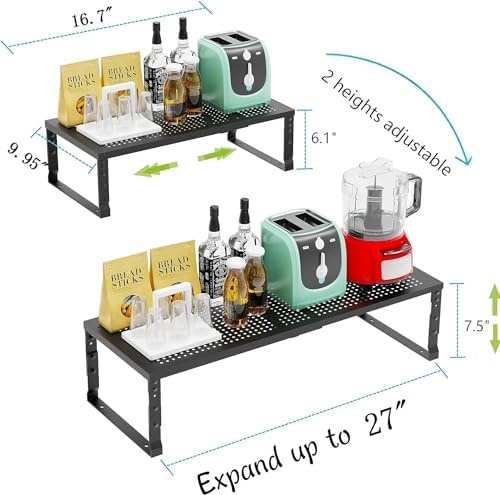 Jojocross Expandable Cabinet Shelf Organizer Storage Spice Rack Shelves for Kitchen Stackable Adjustable Pantry Cupboard Bathroom Countertop Desktop(2Packs/Black/Large-with Hole) - Image 6