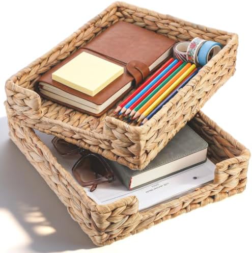 2 Pcs Water Hyacinth Letter Tray for A4 File Tray Desk Mail Letter-Size Paper Basket Woven Organizer Magazine Files Storage Basket Woven Desk TrayBasket Organizer for Office Bathroom Toilet Documents by Unknown