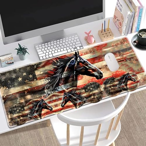 Large Gaming Mouse Pad + Keyboard Wrist Rest + Wrist Support + Coaster Set, Memory Foam Ergonomic for Easy Typing, XXL Extended Gaming Mouse Pad Table Pad - Flag Horse American - Image 2