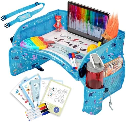 PILLANI Kids Travel Tray for Car - Road Trip Activities for Kids - Car Seat Tray for Kids Travel w/ Activity Sheets, Pens & Dry Erase Board - Toddler Road Trip Essentials & Car Accessories for Kids by Pillani