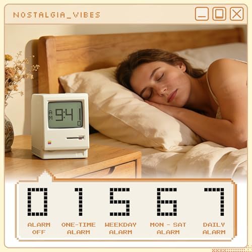 UNEEDE Maclock Retro Desk Clock, 1984 W-8 Computer Inspired Pixel Display Rechargeable Desk Clock, Multi-Alarm, Calendar, Temperature, Dimmable, Unique Retro Tech Gift for Office Bedroom Night Light - Image 5
