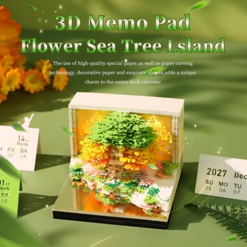 3D Memo Pad Time Piece Calendar 2027, 3D Tear-Off Art Desk Calendar 2027, Creative 3D Memo Pad Paper Art Tree House DIY Paper Carving Decoration (Flowering Tree Island-Green) - Image 2