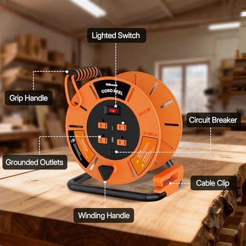 Extension Cord Storage Reel with 4-Grounded Outlet & 2 USB Port, 15A Circuit Breaker, Heavy Duty Open Cord Reel for 12/3,14/3 Gauge Power Cord, Hand Wind Retractable,ETL Listed Orange G85CR06 - Image 6