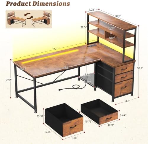 DurayLoly 55"Computer Desk with 3 Drawers & Shelf for Bedroom & Home Office - Image 3