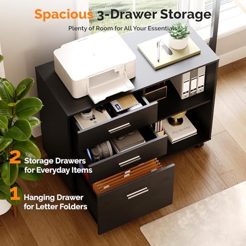 VINGLI 3 Drawer Wood Lateral File Cabinet with Adjustable Shelves & Locking Wheels, Printer Stand with Drawers for Letter Size Files, Sturdy Black File Cabinets for Home Office, Study & Business - Image 4